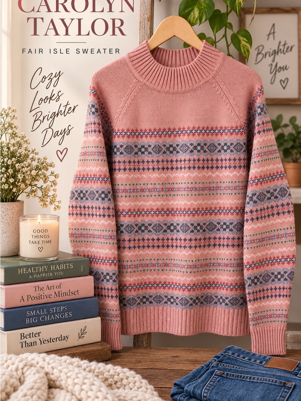 Carolyn Taylor Pink Fair Isle Mock Neck Sweater Women’s Medium